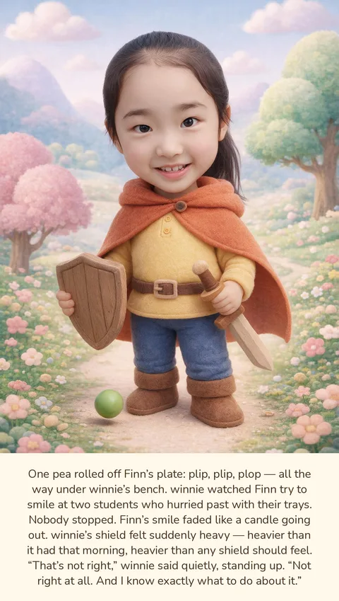 Uma página interna de The Kindness Shield, com a Winnie como heroína da história